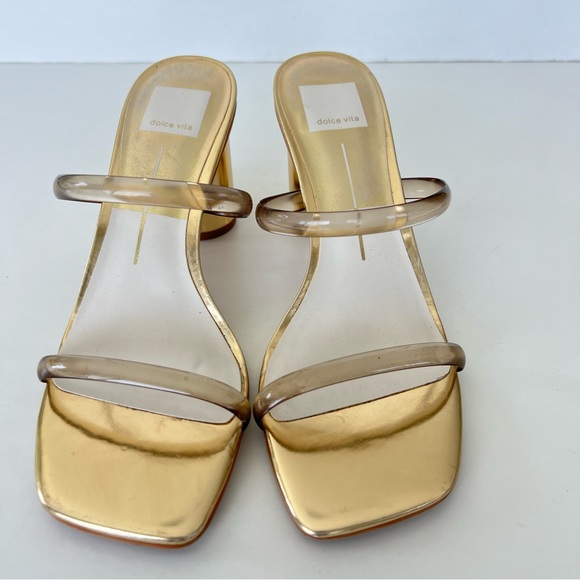 ♦️SOLD♦️DOLCE VITA Noles Gold w Clear Straps Open Toe Slides Slip On Heels Sanda - Picture 6 of 16